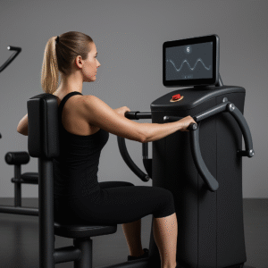 Vrouw aan krachttrainingsmachine in de gym